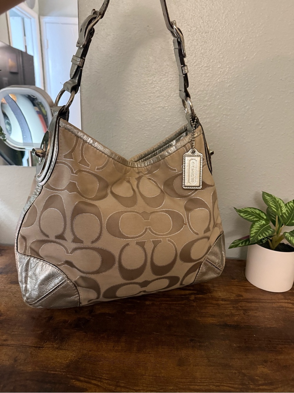 Coach Peyton Signature Sateen Metallic Hobo Bag 19758M – Gold/Khaki